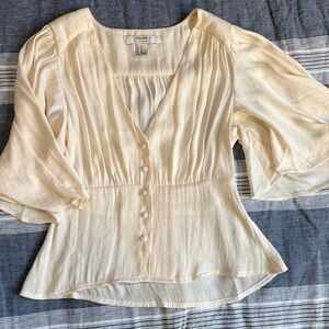 Forever 21 Cream Silk V Neck Front Button Blouse, Boho, whimsy, festival, girly